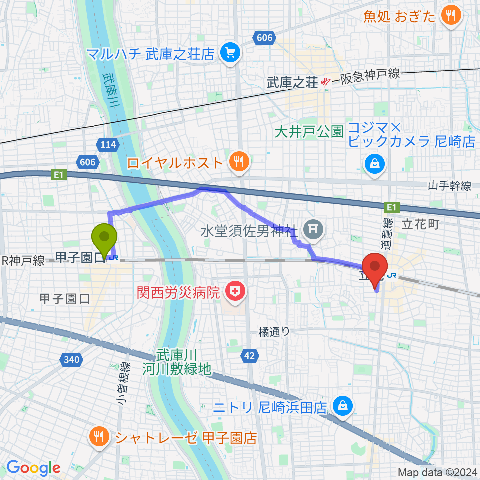 甲子園口駅から尾崎タカオギター教室へのルートマップ地図