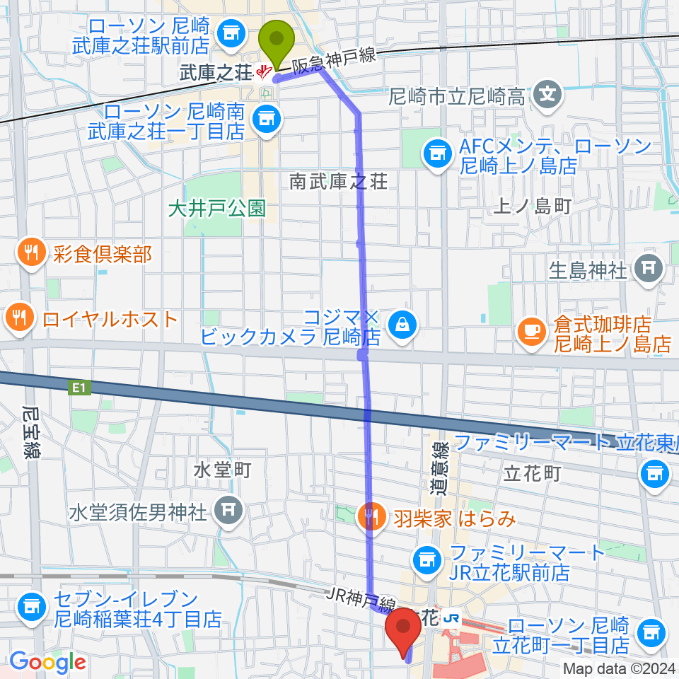 武庫之荘駅から尾崎タカオギター教室へのルートマップ地図