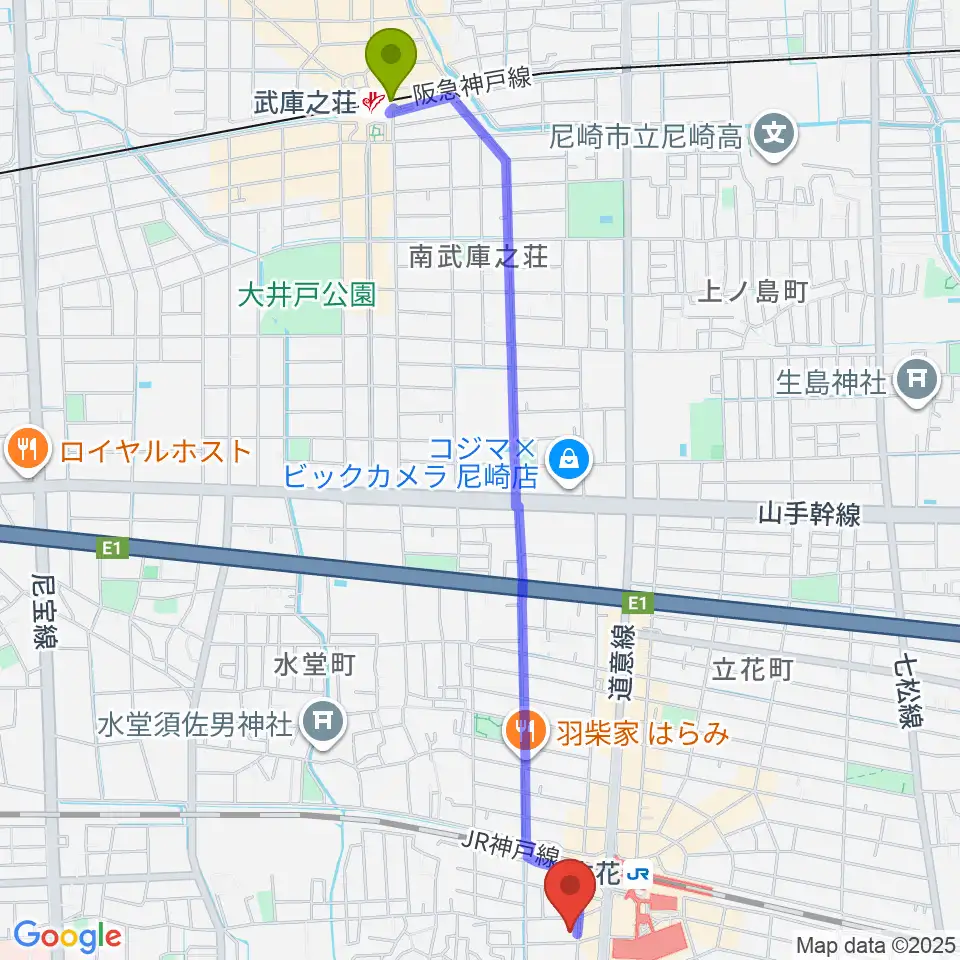 武庫之荘駅から尾崎タカオギター教室へのルートマップ地図