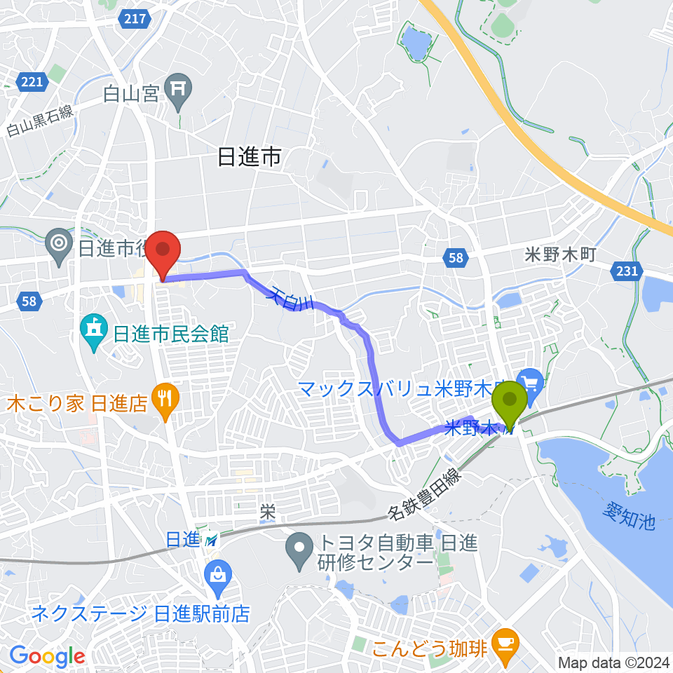 米野木駅からJ’z Studio Westへのルートマップ地図
