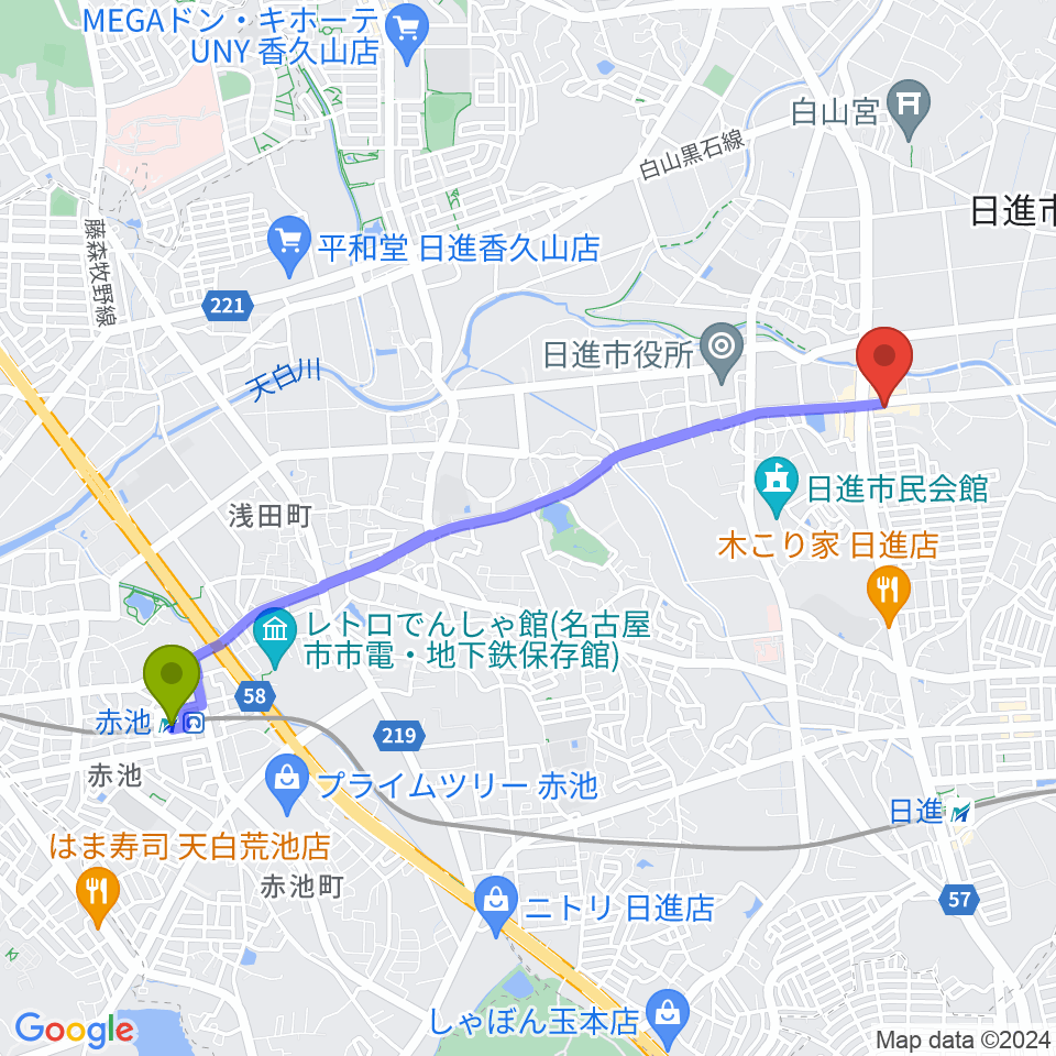 赤池駅からJ’z Studio Westへのルートマップ地図