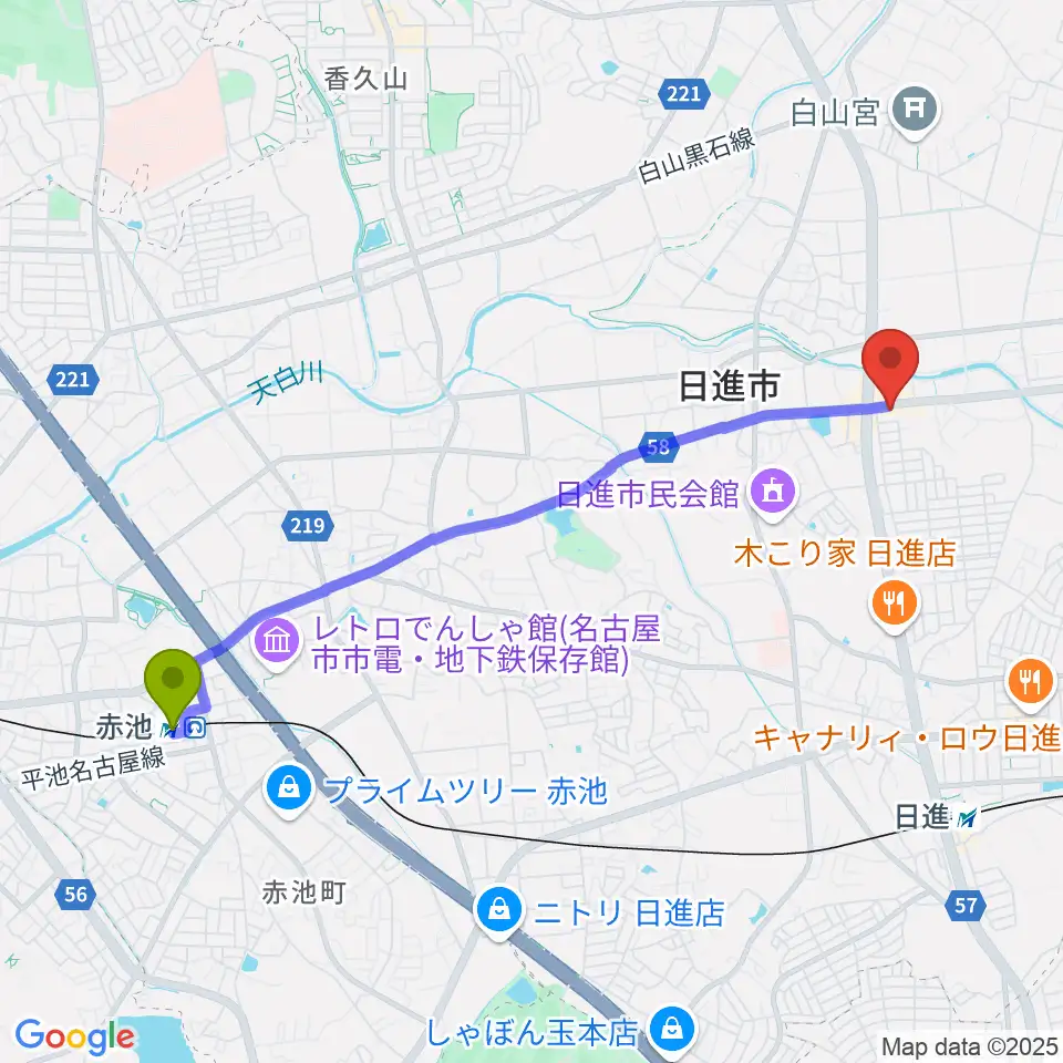 赤池駅からJ’z Studio Westへのルートマップ地図