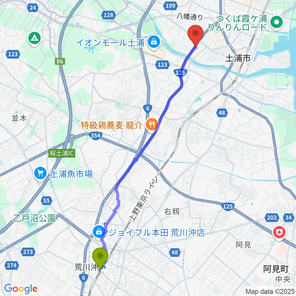 荒川沖駅からMUSIC PLANT土浦店へのルートマップ地図