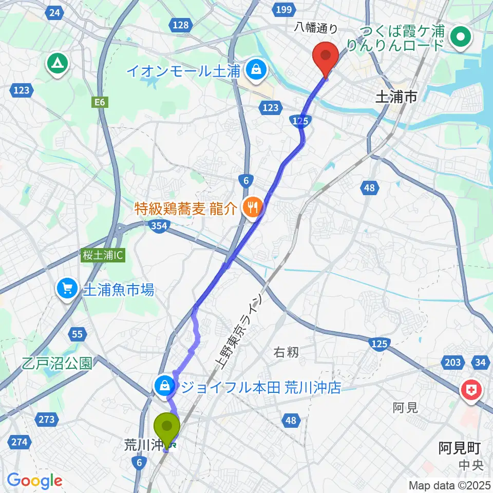 荒川沖駅からMUSIC PLANT土浦店へのルートマップ地図