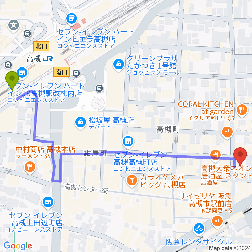 高槻駅からアズイズミュージック高槻店へのルートマップ地図