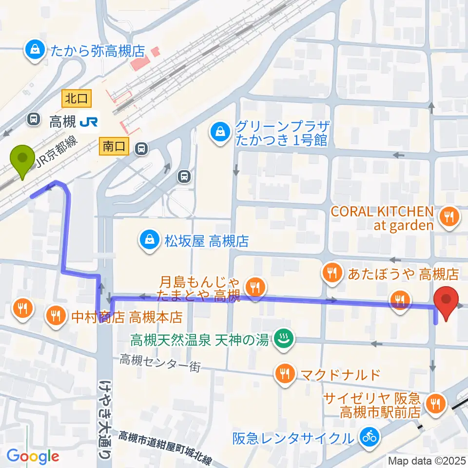 高槻駅からアズイズミュージック高槻店へのルートマップ地図