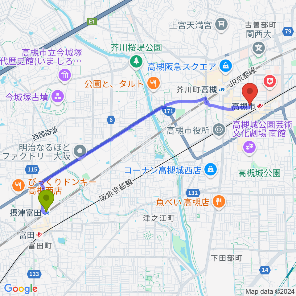 摂津富田駅からアズイズミュージック高槻店へのルートマップ地図