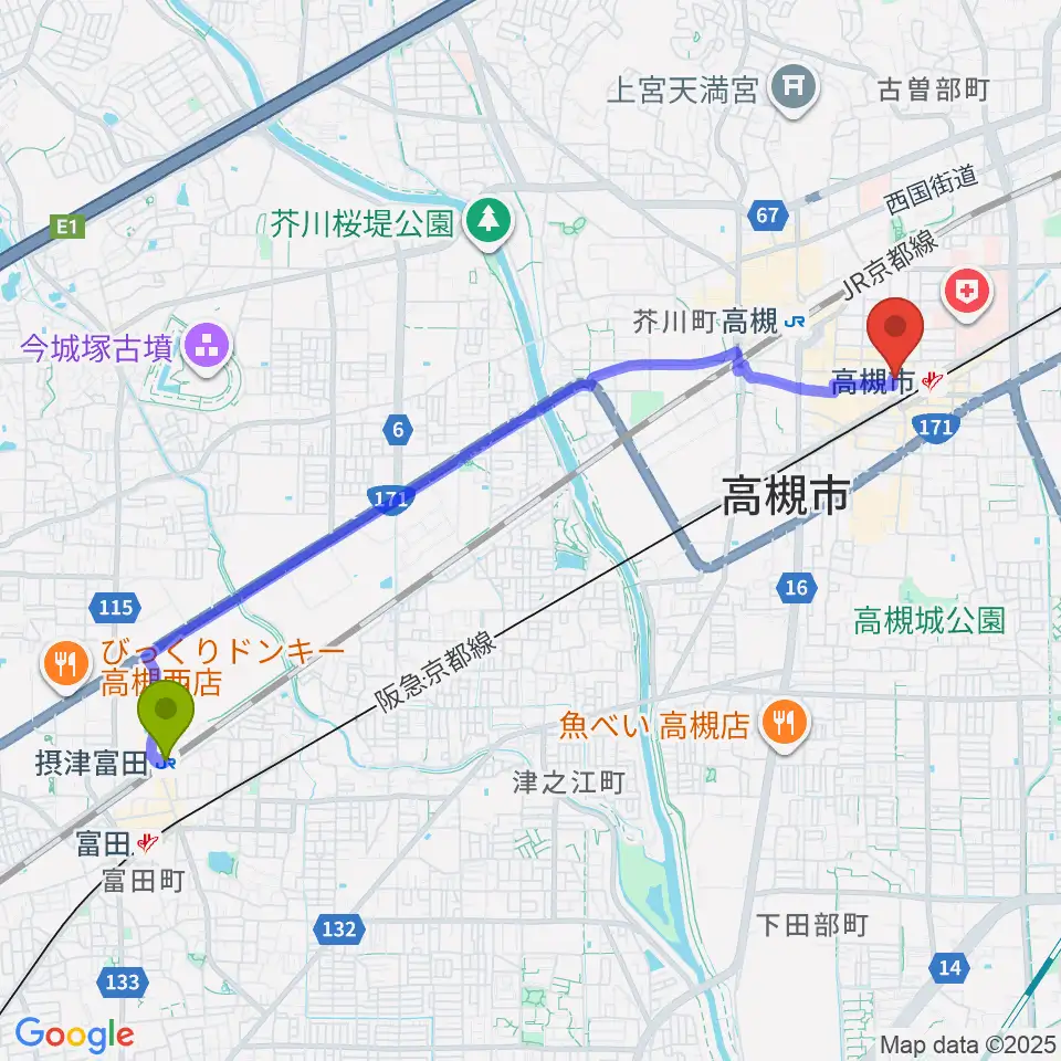 摂津富田駅からアズイズミュージック高槻店へのルートマップ地図
