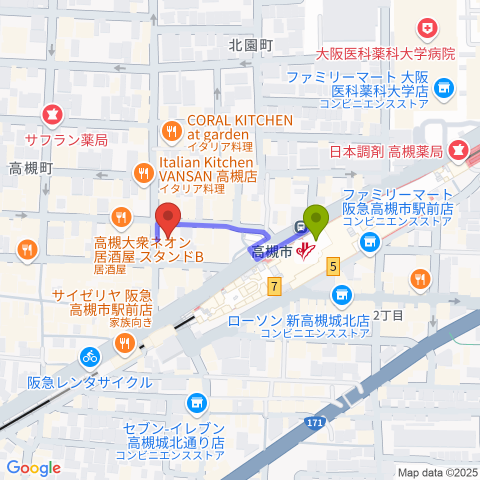 アズイズミュージック高槻店の最寄駅高槻市駅からの徒歩ルート（約2分）地図