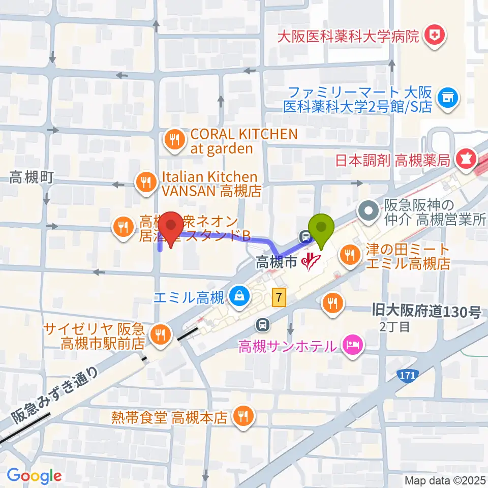 アズイズミュージック高槻店の最寄駅高槻市駅からの徒歩ルート（約2分）地図