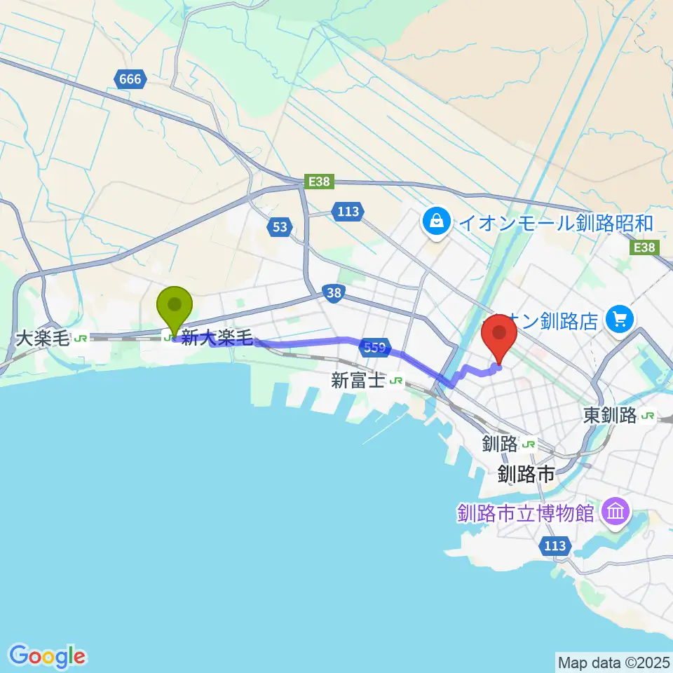 新大楽毛駅からエルム楽器 釧路支店へのルートマップ地図
