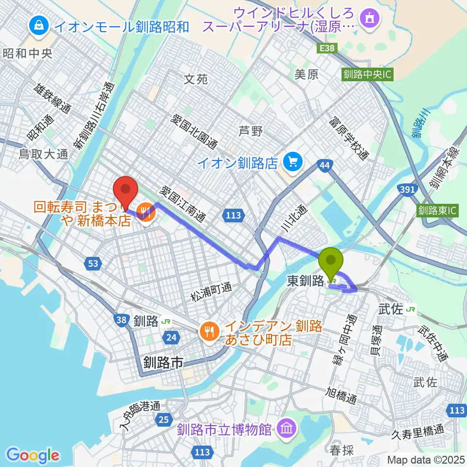 東釧路駅からエルム楽器 釧路支店へのルートマップ地図
