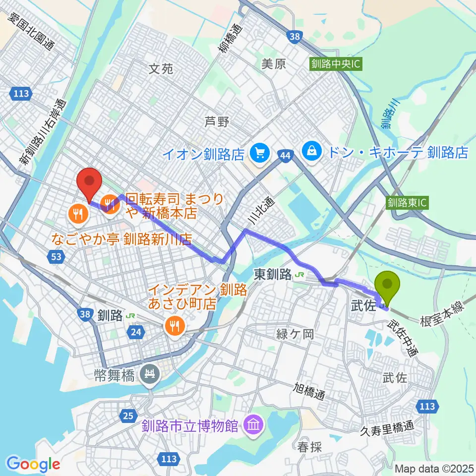 武佐駅からエルム楽器 釧路支店へのルートマップ地図
