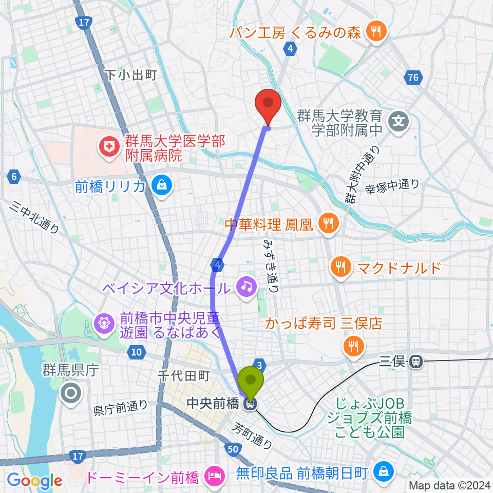 音処きしんの最寄駅中央前橋駅からの徒歩ルート（約35分）地図