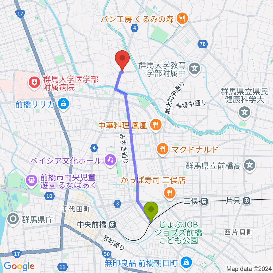 城東駅から音処きしんへのルートマップ地図