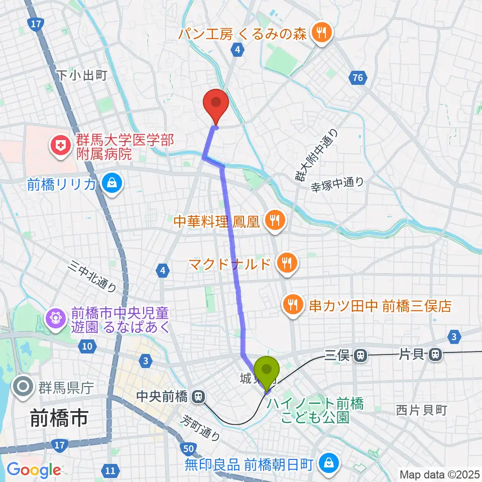 城東駅から音処きしんへのルートマップ地図