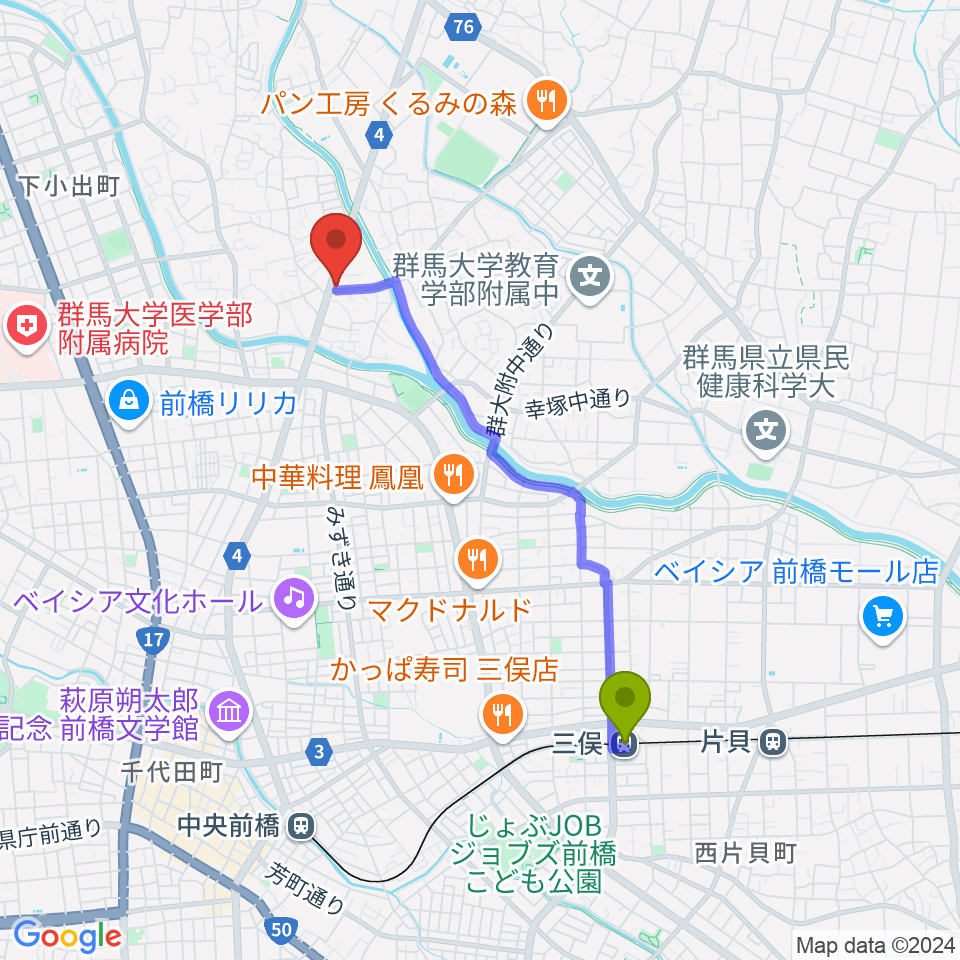 三俣駅から音処きしんへのルートマップ地図