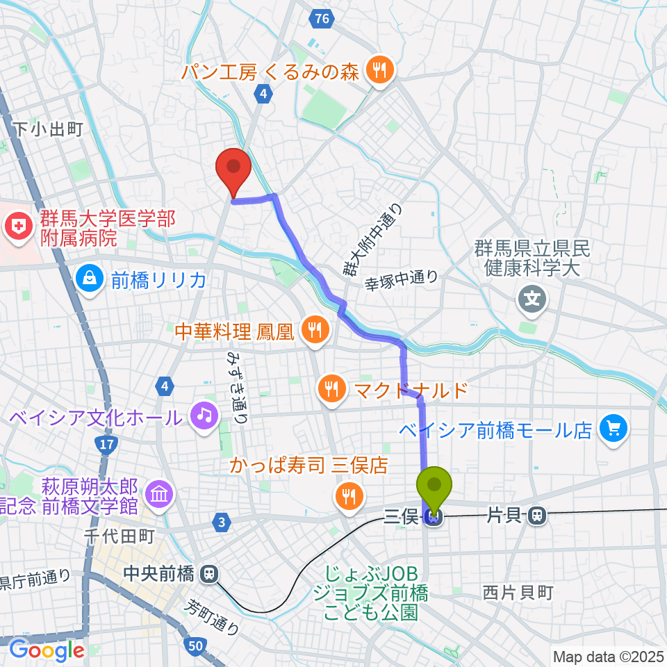 三俣駅から音処きしんへのルートマップ地図