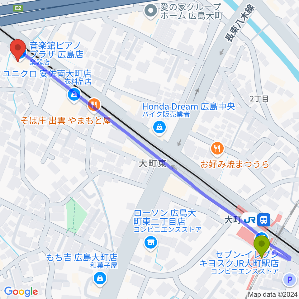 音楽館ピアノプラザ広島店の最寄駅大町駅からの徒歩ルート（約8分）地図