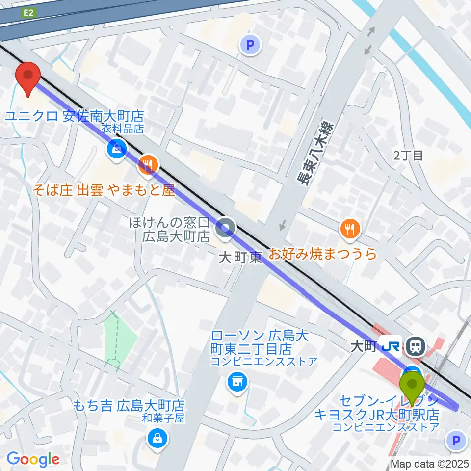 音楽館ピアノプラザ広島店の最寄駅大町駅からの徒歩ルート（約8分）地図