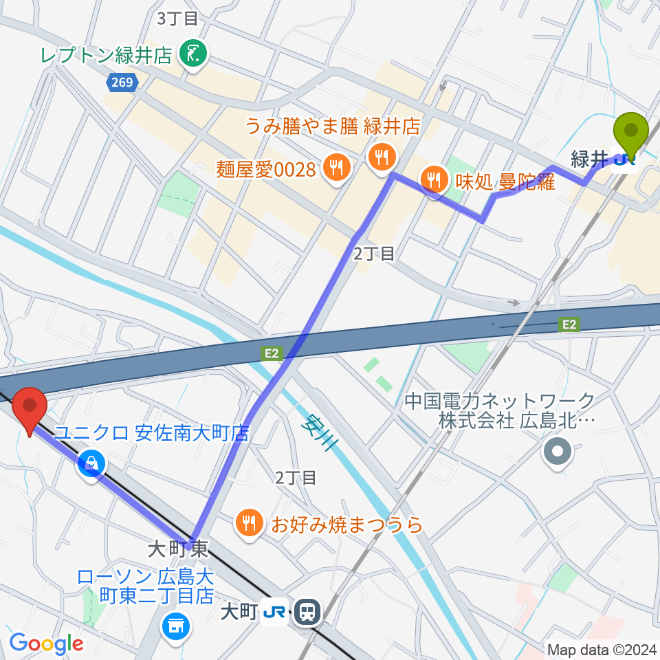 緑井駅から音楽館ピアノプラザ広島店へのルートマップ地図