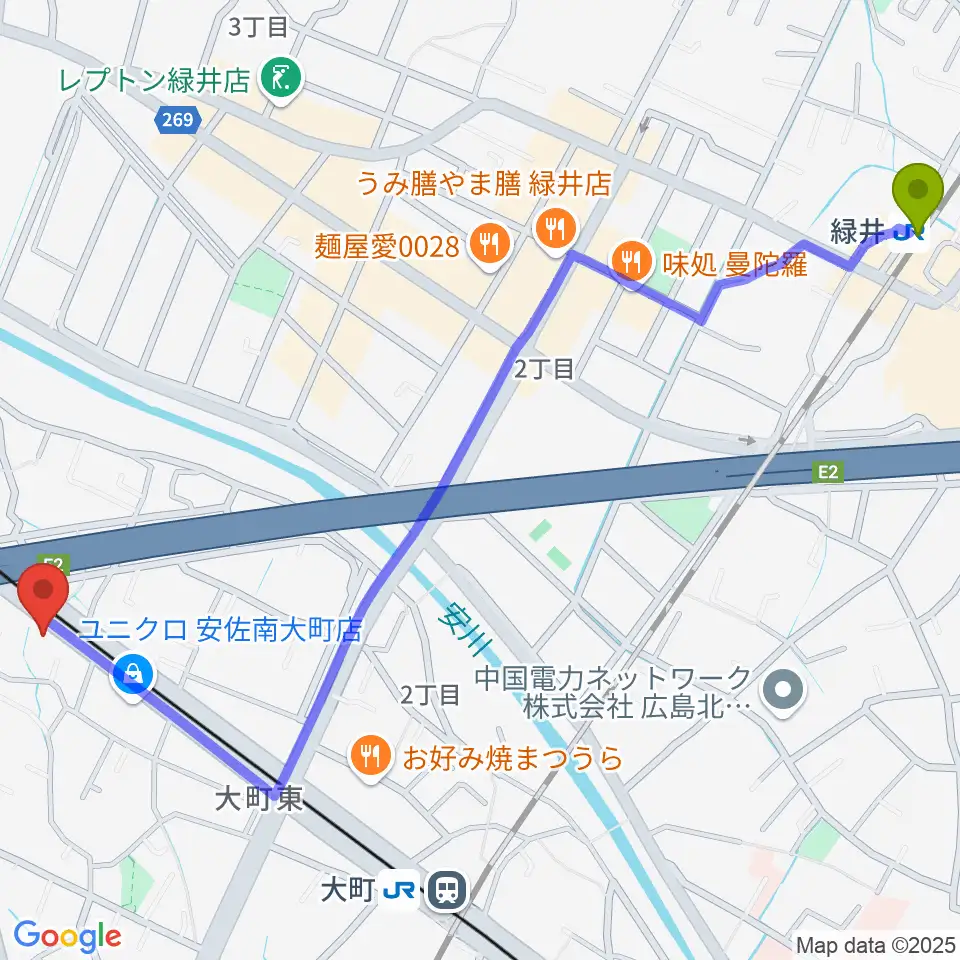 緑井駅から音楽館ピアノプラザ広島店へのルートマップ地図