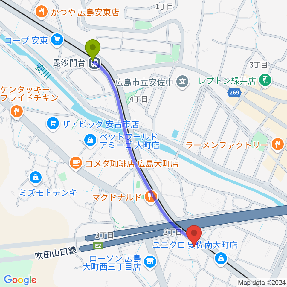 毘沙門台駅から音楽館ピアノプラザ広島店へのルートマップ地図