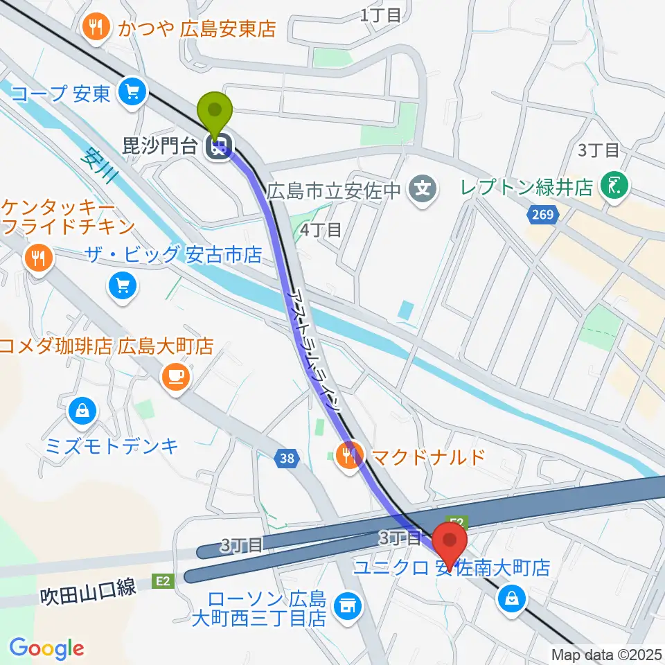 毘沙門台駅から音楽館ピアノプラザ広島店へのルートマップ地図