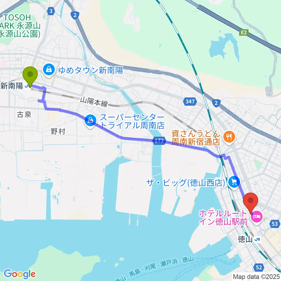 新南陽駅からPOPS-K 周南ロック館へのルートマップ地図