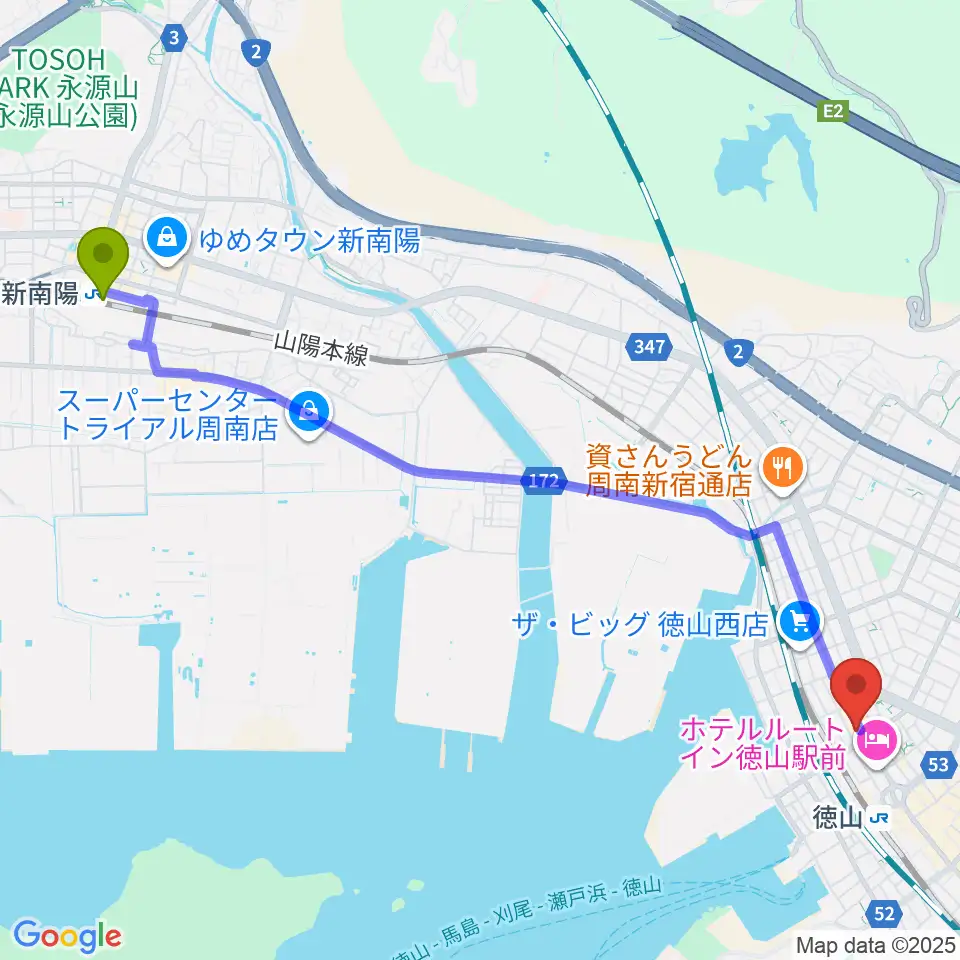 新南陽駅からPOPS-K 周南ロック館へのルートマップ地図