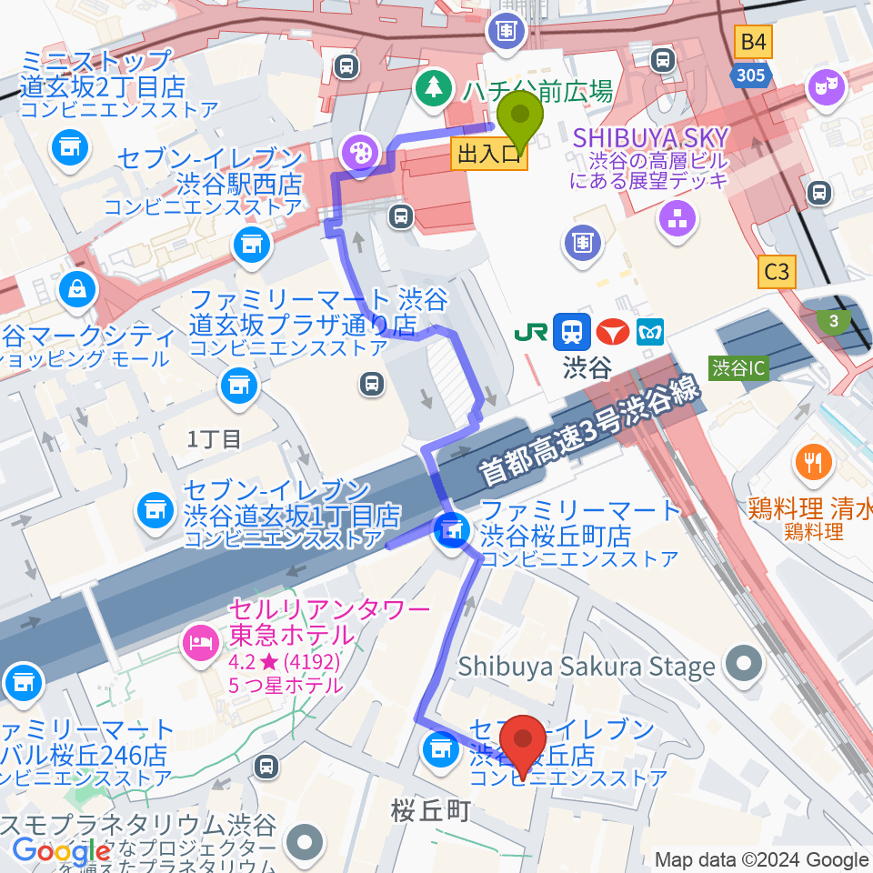 スタジオペンタ渋谷ジュークハウスの最寄駅渋谷駅からの徒歩ルート（約6分）地図