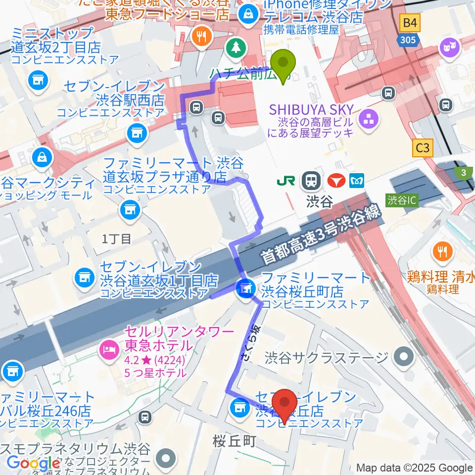 スタジオペンタ渋谷ジュークハウスの最寄駅渋谷駅からの徒歩ルート（約6分）地図