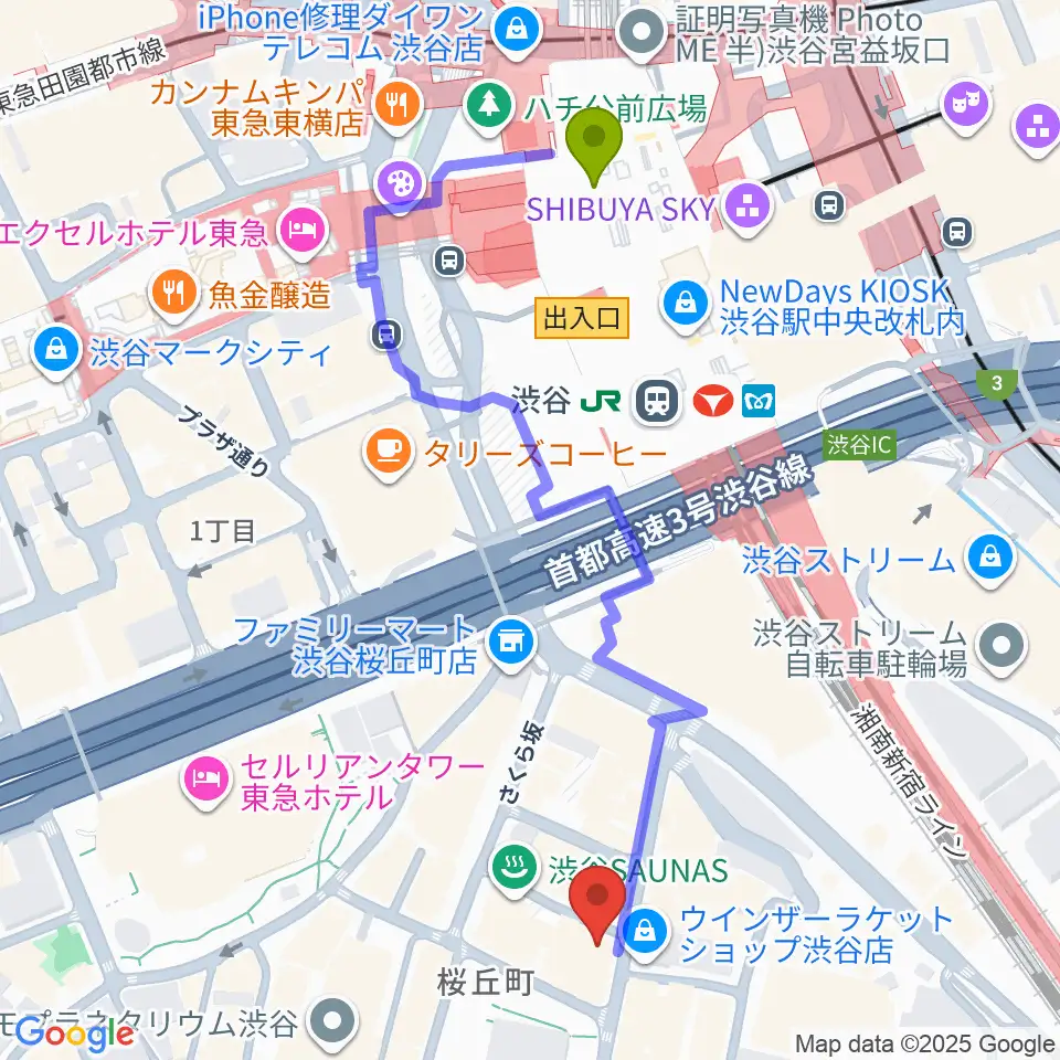 スタジオペンタ渋谷ジュークハウスの最寄駅渋谷駅からの徒歩ルート（約6分）地図