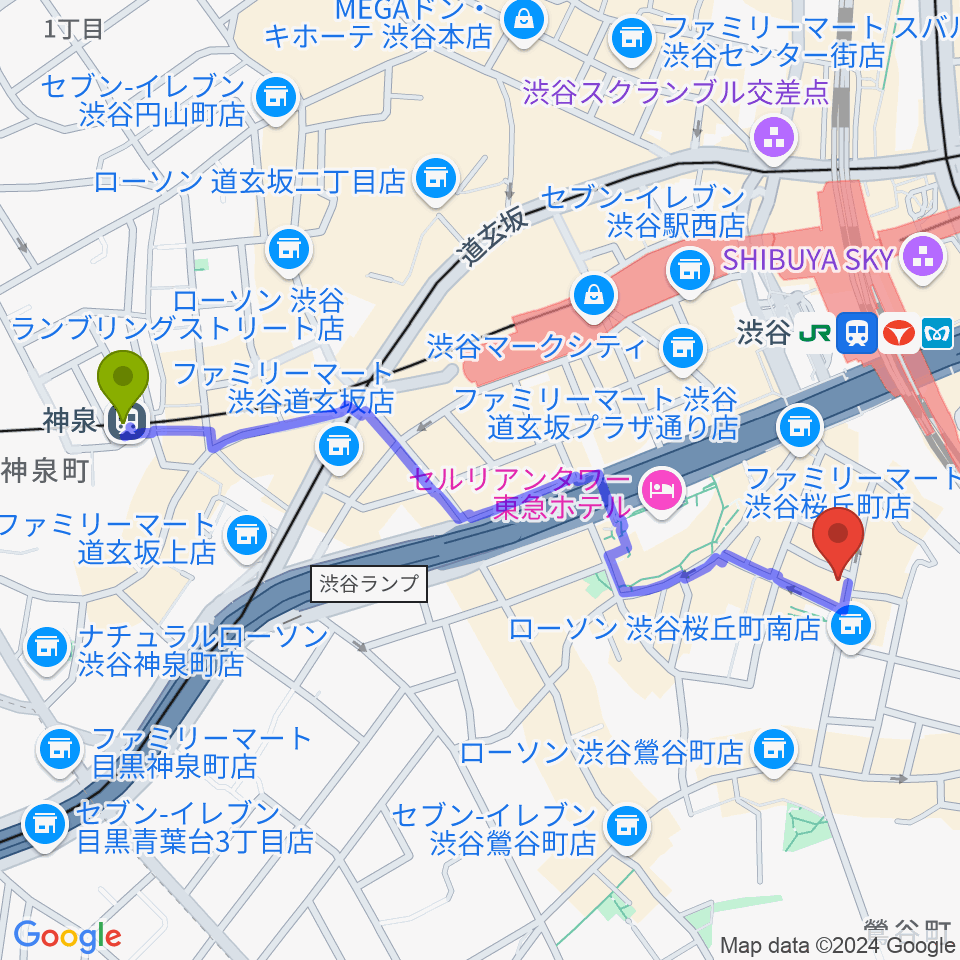 神泉駅からスタジオペンタ渋谷ジュークハウスへのルートマップ地図