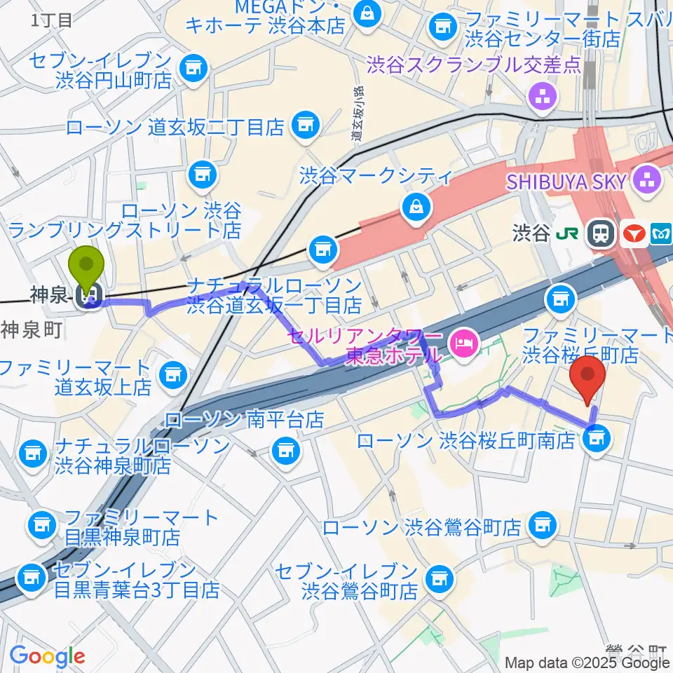 神泉駅からスタジオペンタ渋谷ジュークハウスへのルートマップ地図