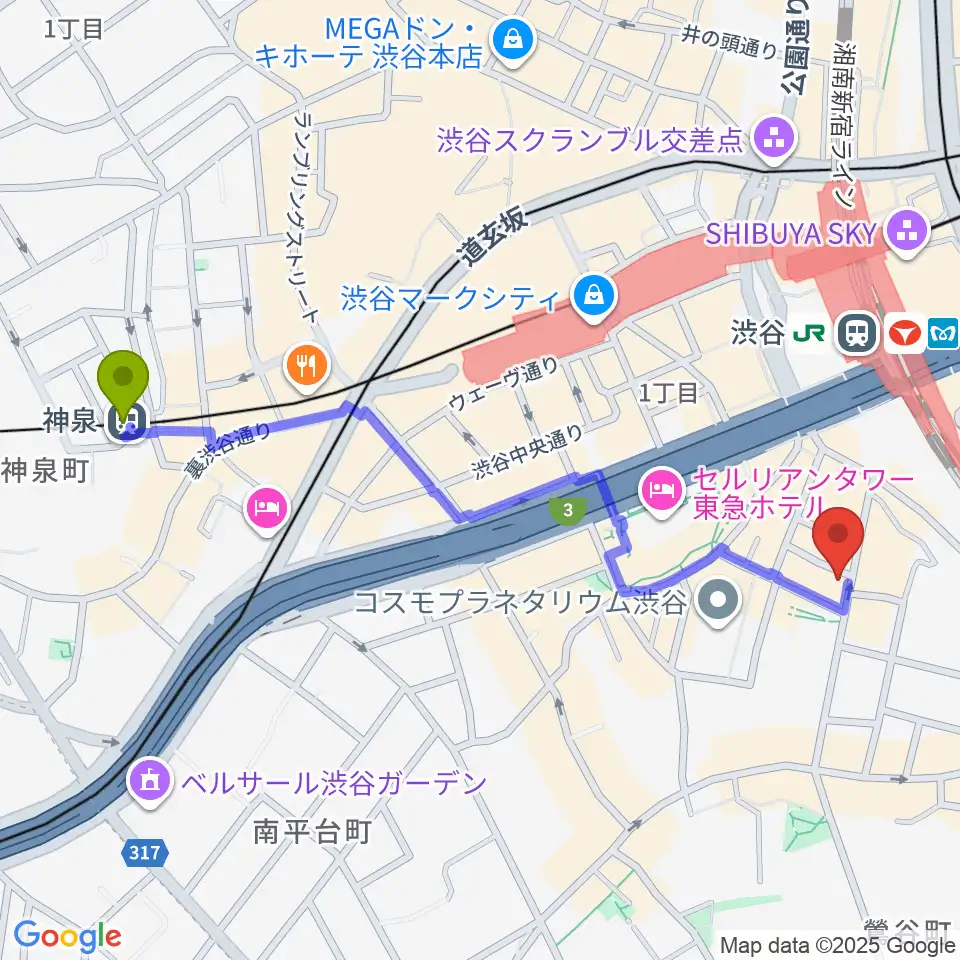 神泉駅からスタジオペンタ渋谷ジュークハウスへのルートマップ地図