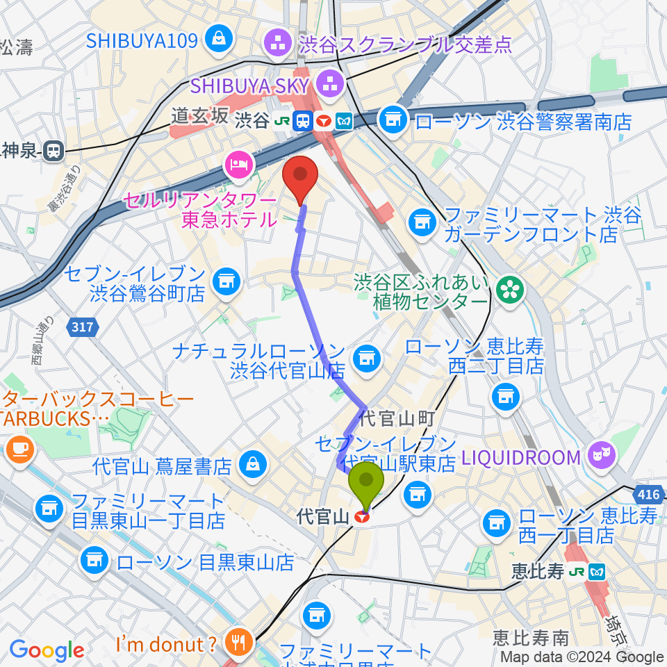 代官山駅からスタジオペンタ渋谷ジュークハウスへのルートマップ地図