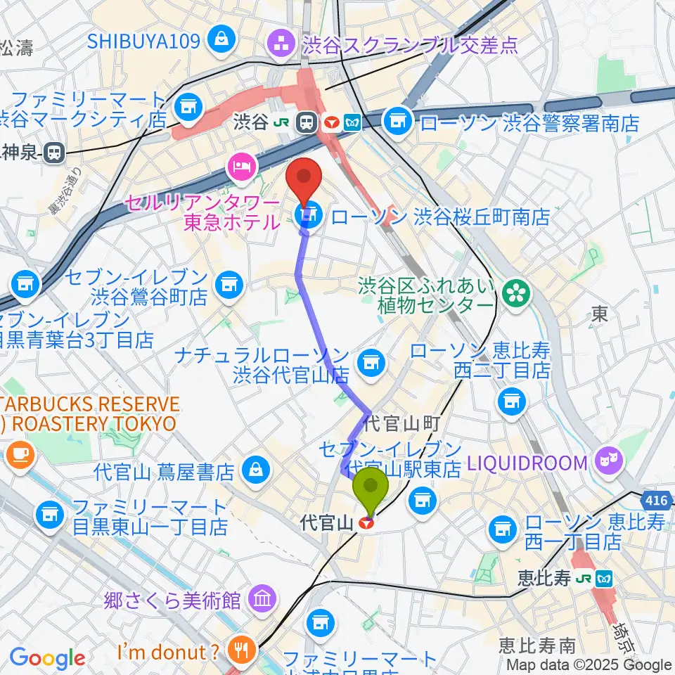 代官山駅からスタジオペンタ渋谷ジュークハウスへのルートマップ地図