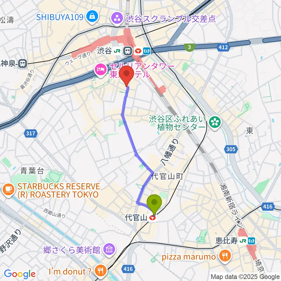 代官山駅からスタジオペンタ渋谷ジュークハウスへのルートマップ地図