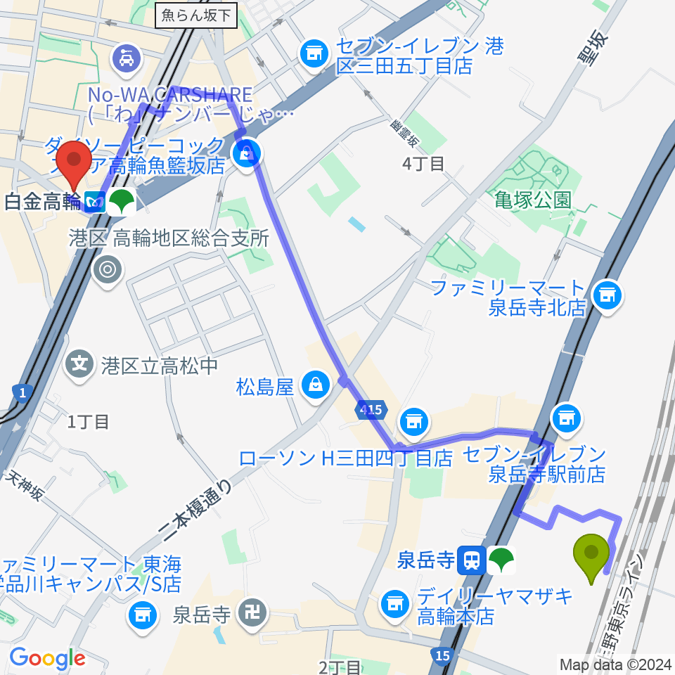 高輪ゲートウェイ駅から白金高輪ひとみ音楽教室へのルートマップ地図