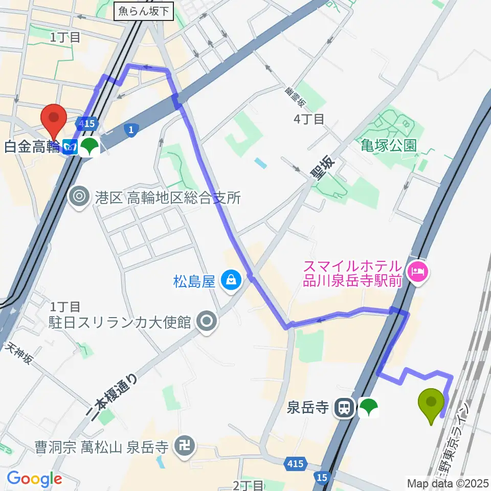高輪ゲートウェイ駅から白金高輪ひとみ音楽教室へのルートマップ地図