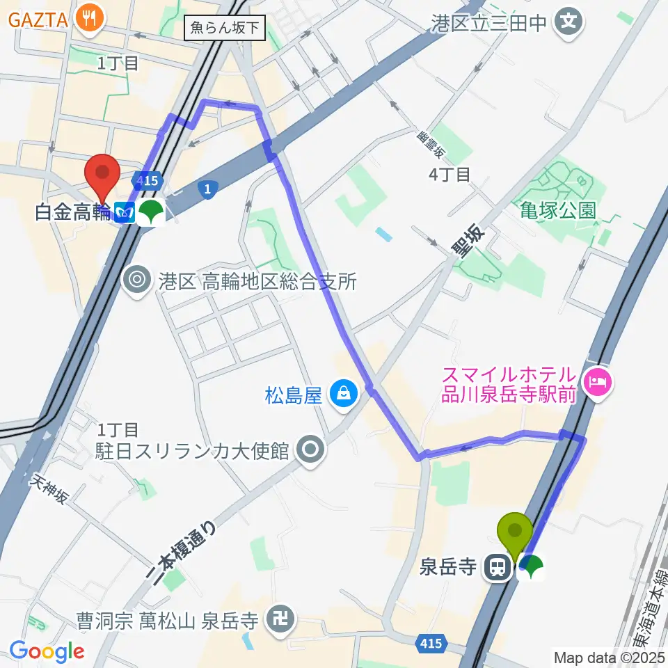 泉岳寺駅から白金高輪ひとみ音楽教室へのルートマップ地図