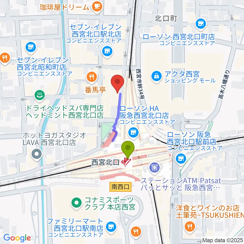 JGSミュージックスクール西宮校の最寄駅西宮北口駅からの徒歩ルート（約2分）地図