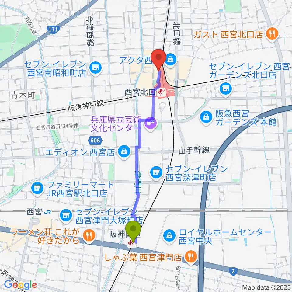 阪神国道駅からJGSミュージックスクール西宮校へのルートマップ地図