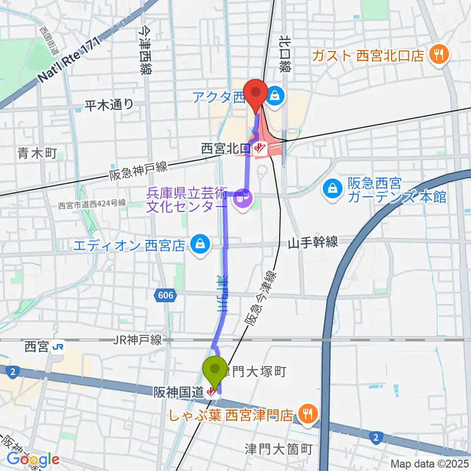 阪神国道駅からJGSミュージックスクール西宮校へのルートマップ地図