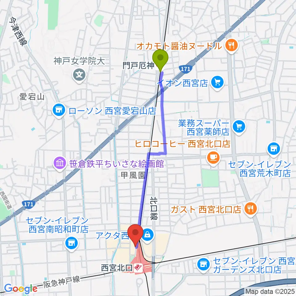 門戸厄神駅からJGSミュージックスクール西宮校へのルートマップ地図