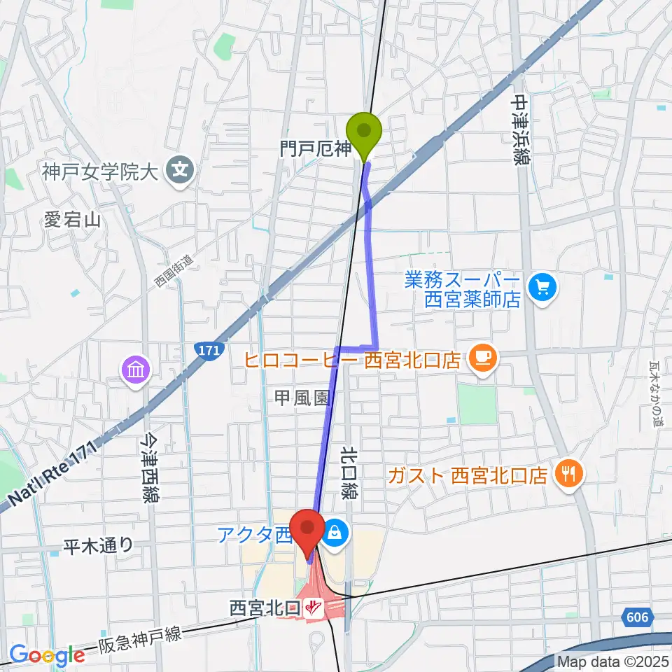 門戸厄神駅からJGSミュージックスクール西宮校へのルートマップ地図
