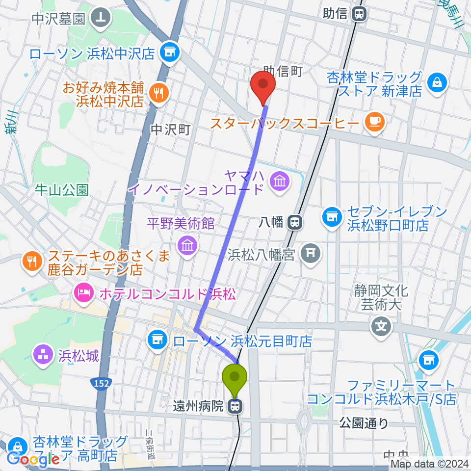 遠州病院駅から森といずみへのルートマップ地図