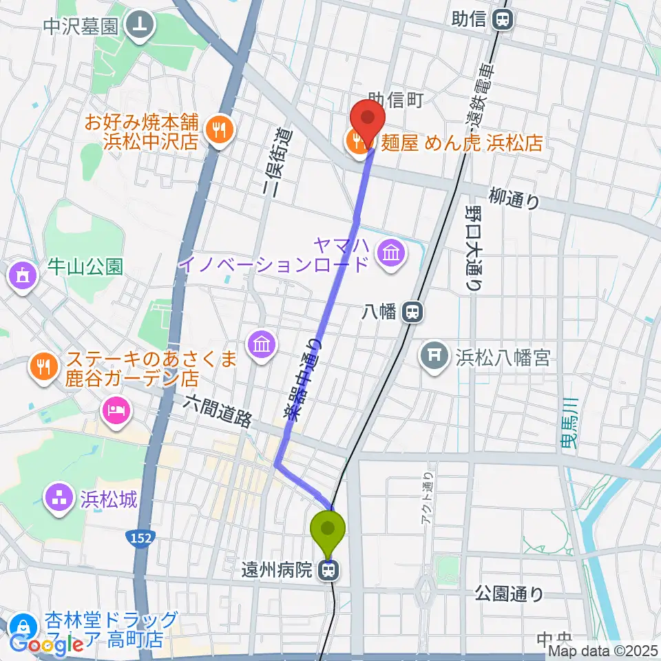 遠州病院駅から森といずみへのルートマップ地図
