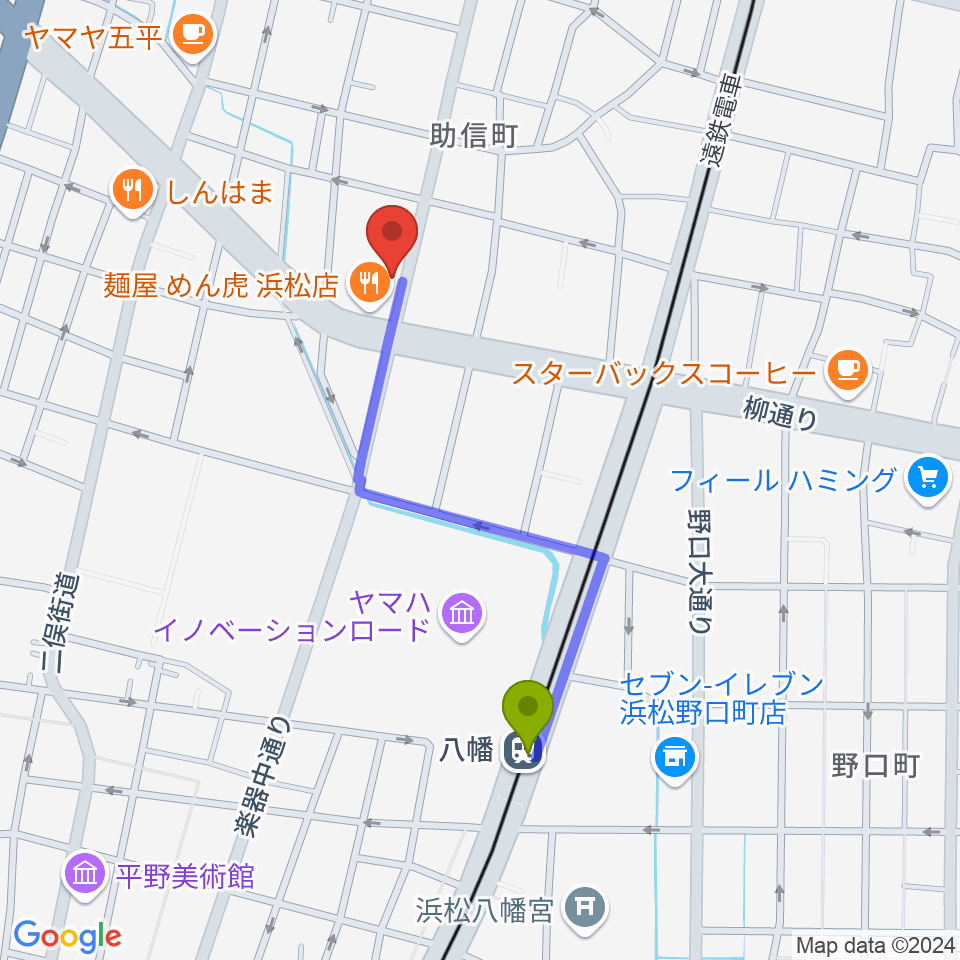 森といずみの最寄駅八幡駅からの徒歩ルート（約8分）地図